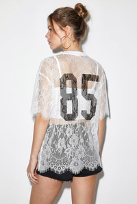 Kadın Dantel Tül Detaylı Baskılı Oversize Bluz 1098 60286295 - Beyaz BLUZ modelleri