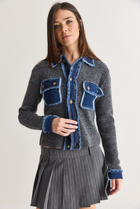 Kadın Denim Detaylı Cepli Düğmeli Polo Yaka Triko Hırka TH261095 60286724 - Antrasit HIRKA modelleri
