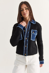 Kadın Denim Detaylı Cepli Düğmeli Polo Yaka Triko Hırka TH261095 60286724 - Siyah HIRKA modelleri