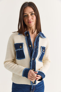 Kadın Denim Detaylı Cepli Düğmeli Polo Yaka Triko Hırka TH261095 60286724 - Krem HIRKA modelleri