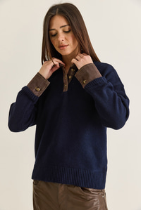Kadın Denim Garnili Polo Yaka Düğme Detaylı Oversize Triko Kazak TK251099 60286683 - Lacivert KAZAK modelleri
