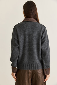 Kadın Denim Garnili Polo Yaka Düğme Detaylı Oversize Triko Kazak TK251099 60286683 - Antrasit KAZAK modelleri