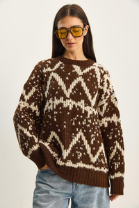 Kadın Desenli Bisiklet Yaka Oversize Triko Kazak 60283826 - Kahverengi-Krem KAZAK modelleri