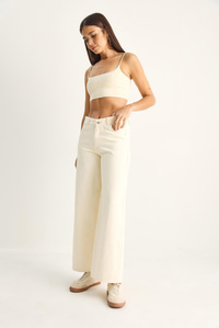 Kadın Desenli Cep Detaylı Yüksek Bel Wide Leg Denim Pantolon 60282059 - Krem PANTOLON modelleri