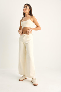 Kadın Desenli Cep Detaylı Yüksek Bel Wide Leg Denim Pantolon 60282059 - Krem PANTOLON modelleri