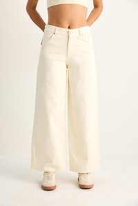 Kadın Desenli Cep Detaylı Yüksek Bel Wide Leg Denim Pantolon 60282059 - Krem PANTOLON modelleri