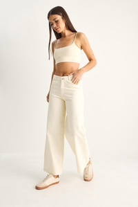 Kadın Desenli Cep Detaylı Yüksek Bel Wide Leg Denim Pantolon 60282059 - Krem PANTOLON modelleri