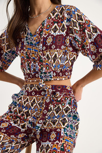 Kadın Desenli Crop Bluz Pantolon Takım 3052 60283353 - Bordo