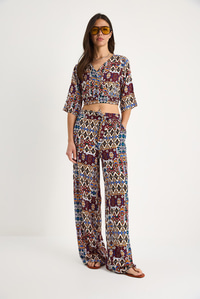Kadın Desenli Crop Bluz Pantolon Takım 3052 60283353 - Bordo