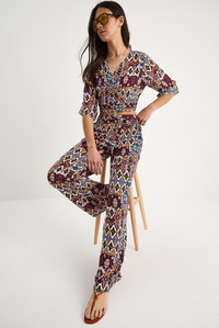 Kadın Desenli Crop Bluz Pantolon Takım 3052 60283353 - Bordo