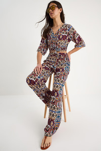 Kadın Desenli Crop Bluz Pantolon Takım 3052 60283353 - Bordo