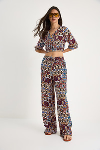 Kadın Desenli Crop Bluz Pantolon Takım 3052 60283353 - Bordo