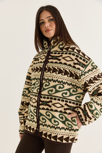 Kadın Desenli Dik Yaka Cep Detaylı Biyeli Fermuarlı Polar Sweatshirt 4219 60286646 - Krem-Yeşil SWEATSHİRT modelleri