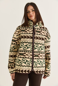 Kadın Desenli Dik Yaka Cep Detaylı Biyeli Fermuarlı Polar Sweatshirt 4219 60286646 - Krem-Yeşil SWEATSHİRT modelleri