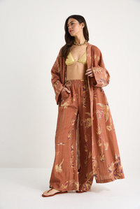 Kadın Desenli Geniş Kollu Uzun Kimonu Beli Lastikli Cepli Bol Pantolonlu Takım 8010 60283355 - Bronz