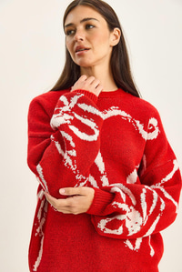 Kadın Desenli Oversize Triko Kazak TK251158 60283806 - Kırmızı-Ekru KAZAK modelleri