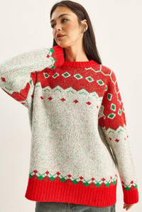 Kadın Desenli Oversize Triko Kazak TK251157 60283805 - Kırmızı-Ekru KAZAK modelleri