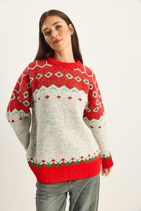Kadın Desenli Oversize Triko Kazak TK251157 60283805 - Kırmızı-Ekru KAZAK modelleri