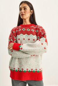 Kadın Desenli Oversize Triko Kazak TK251157 60283805 - Kırmızı-Ekru KAZAK modelleri