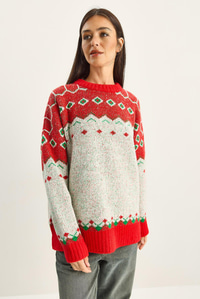 Kadın Desenli Oversize Triko Kazak TK251157 60283805 - Kırmızı-Ekru KAZAK modelleri