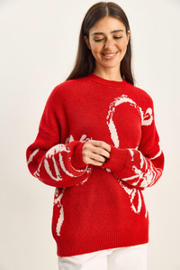 Kadın Desenli Oversize Triko Kazak TK251158 60283806 - Kırmızı-Ekru KAZAK modelleri