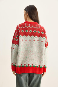 Kadın Desenli Oversize Triko Kazak TK251157 60283805 - Kırmızı-Ekru KAZAK modelleri