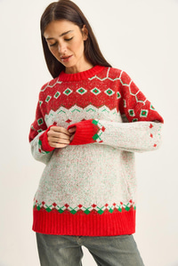 Kadın Desenli Oversize Triko Kazak TK251157 60283805 - Kırmızı-Ekru KAZAK modelleri