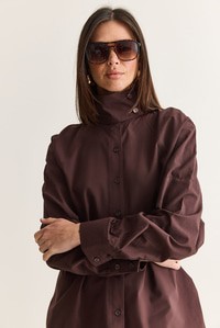 Kadın Dik Yaka Düğmeli Oversize Poplin Gömlek 5544 60286756 - Kahverengi GÖMLEK modelleri