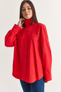 Kadın Dik Yaka Düğmeli Oversize Poplin Gömlek 5544 60286756 - Kırmızı GÖMLEK modelleri