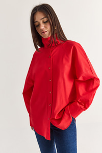 Kadın Dik Yaka Düğmeli Oversize Poplin Gömlek 5544 60286756 - Kırmızı GÖMLEK modelleri