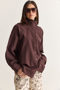 Kadın Dik Yaka Düğmeli Oversize Poplin Gömlek 5544 60286756 - Kahverengi GÖMLEK modelleri