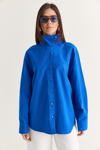 Kadın Dik Yaka Düğmeli Oversize Poplin Gömlek 5544 60286756 - Saks GÖMLEK modelleri