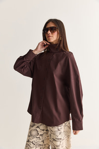 Kadın Dik Yaka Düğmeli Oversize Poplin Gömlek 5544 60286756 - Kahverengi GÖMLEK modelleri
