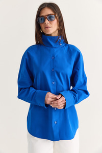 Kadın Dik Yaka Düğmeli Oversize Poplin Gömlek 5544 60286756 - Saks GÖMLEK modelleri