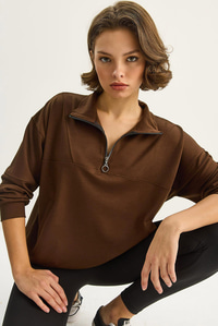 Kadın Dik Yaka Yarım Fermuarlı Cep Detaylı Oversize Modal Sweatshirt 60601053 - Acı Kahve SWEATSHİRT modelleri
