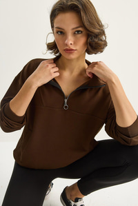 Kadın Dik Yaka Yarım Fermuarlı Cep Detaylı Oversize Modal Sweatshirt 60601053 - Acı Kahve SWEATSHİRT modelleri