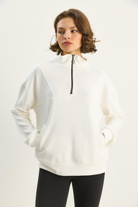Kadın Dik Yaka Yarım Fermuarlı Cep Detaylı Oversize Modal Sweatshirt 60601053 - Ekru SWEATSHİRT modelleri