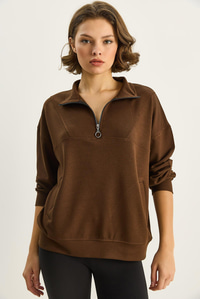 Kadın Dik Yaka Yarım Fermuarlı Cep Detaylı Oversize Modal Sweatshirt 60601053 - Acı Kahve SWEATSHİRT modelleri