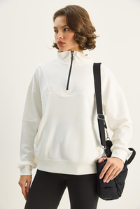 Kadın Dik Yaka Yarım Fermuarlı Cep Detaylı Oversize Modal Sweatshirt 60601053 - Ekru SWEATSHİRT modelleri