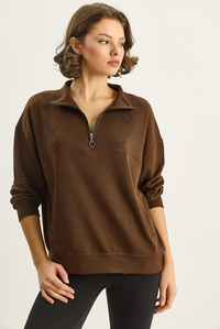 Kadın Dik Yaka Yarım Fermuarlı Cep Detaylı Oversize Modal Sweatshirt 60601053 - Acı Kahve SWEATSHİRT modelleri