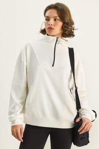 Kadın Dik Yaka Yarım Fermuarlı Cep Detaylı Oversize Modal Sweatshirt 60601053 - Ekru SWEATSHİRT modelleri