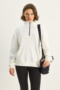 Kadın Dik Yaka Yarım Fermuarlı Cep Detaylı Oversize Modal Sweatshirt 60601053 - Ekru SWEATSHİRT modelleri
