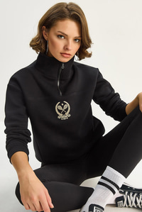 Kadın Dik Yaka Yarım Fermuarlı İçi Polarlı Crop Sweatshirt 1808 60283713 - Siyah SWEATSHİRT modelleri