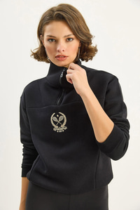 Kadın Dik Yaka Yarım Fermuarlı İçi Polarlı Crop Sweatshirt 1808 60283713 - Siyah SWEATSHİRT modelleri