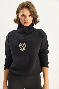 Kadın Dik Yaka Yarım Fermuarlı İçi Polarlı Crop Sweatshirt 1808 60283713 - Siyah SWEATSHİRT modelleri