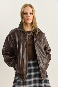 Kadın Dikiş Detaylı Astarlı Beli Lastikli Cepli Oversize Suni Deri Ceket 3173 60283894 - Kahverengi CEKET modelleri