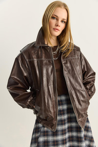 Kadın Dikiş Detaylı Astarlı Beli Lastikli Cepli Oversize Suni Deri Ceket 3173 60283894 - Kahverengi CEKET modelleri