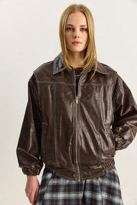 Kadın Dikiş Detaylı Astarlı Beli Lastikli Cepli Oversize Suni Deri Ceket 3173 60283894 - Kahverengi CEKET modelleri