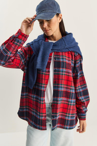 Kadın Ekose Desenli Oversize Oduncu Gömlek DG251056 60283837 - Kırmızı-Lacivert GÖMLEK modelleri
