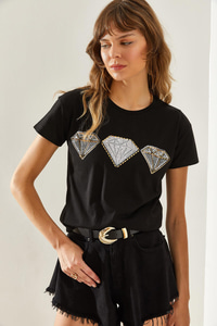 Kadın Elmas Desenli Taş Detaylı Basic Penye T-Shirt 60251237 - Siyah T-SHİRT modelleri